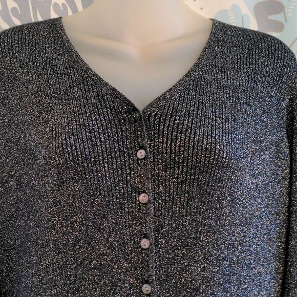 Petite Sophisticate Charcoal Grey + Silver Silk Blend Cardigan Sweater Sz M - Picture 2 of 9